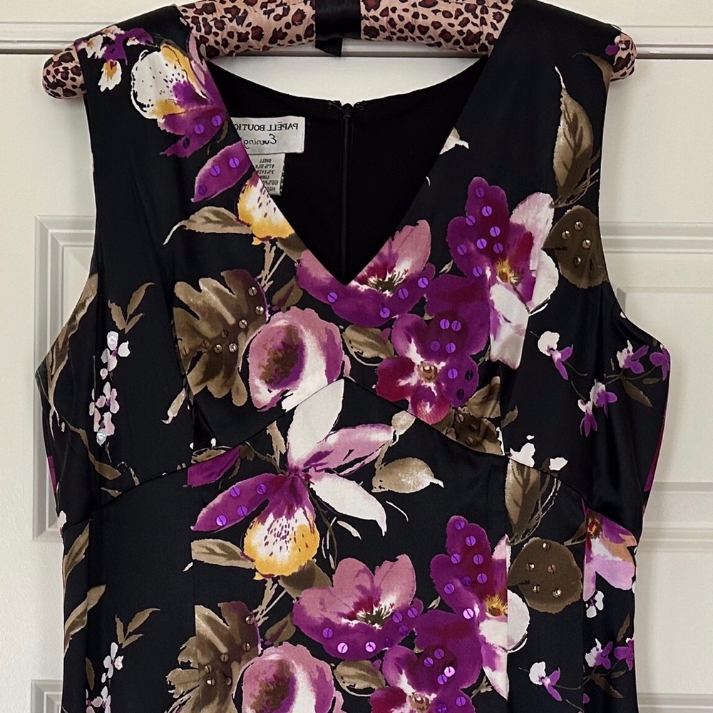Papell Boutique Black Midi Dress with Purple & Gold Floral Print